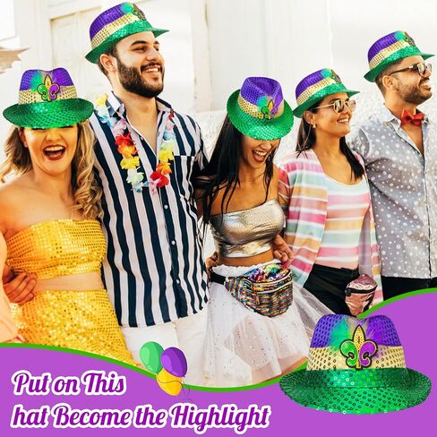 Edussy 2pcs Mardi Gras Hat - Mardi Gras Accessories with Sparkling Sequins Fedora Hats Classic Color Design Costume Outfit for Men and Women in Kuwait