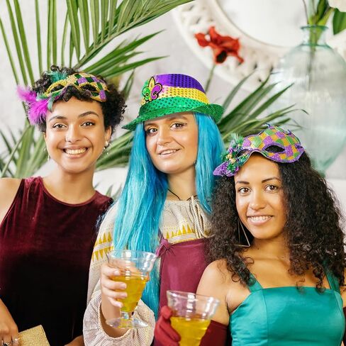 Edussy 2pcs Mardi Gras Hat - Mardi Gras Accessories with Sparkling Sequins Fedora Hats Classic Color Design Costume Outfit for Men and Women in Kuwait