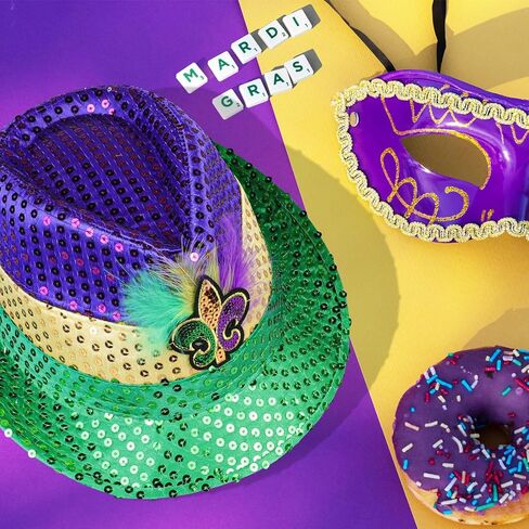 Edussy 2pcs Mardi Gras Hat - Mardi Gras Accessories with Sparkling Sequins Fedora Hats Classic Color Design Costume Outfit for Men and Women in Kuwait