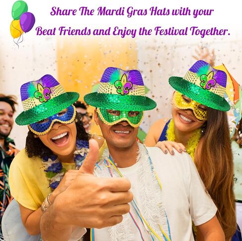 Edussy 2pcs Mardi Gras Hat - Mardi Gras Accessories with Sparkling Sequins Fedora Hats Classic Color Design Costume Outfit for Men and Women in Kuwait