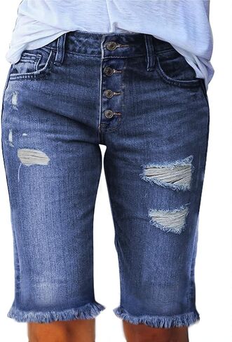 EVALESS Womens Denim Bermuda Shorts Distressed Frayed Raw Hem Jeans Shorts in Saudi Arabia