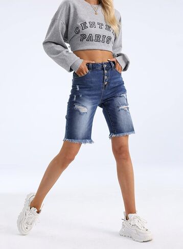 EVALESS Womens Denim Bermuda Shorts Distressed Frayed Raw Hem Jeans Shorts in Saudi Arabia