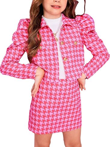 WDIRARA Girl's 3 Pieces Houndstooth Print Outfit Gigot Long Sleeve Jacket and High Waisted Mini Skirt with Tank Top Set in Saudi Arabia