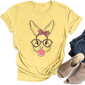 Funny Bunny Print T Shirt for Women Cute Grapic Leopard Shirts Family Blouse Gifts Easter Tops Tee in Saudi Arabia