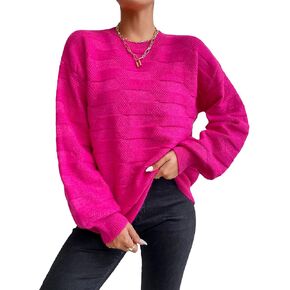 MakeMeChic Women's Textured Knit Lantern Sleeve Crew Neck Sweater Tops