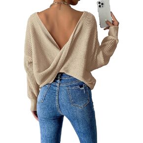 بلوفر Labolliy نسائي ملتوي الظهر بدون ظهر وأكتاف منسدلة وأكمام طويلة بلوفر محبوك مضلع in Kuwait