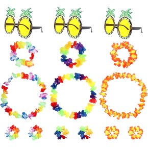 Pineapple Sunglasses and Hawaiian Leis Set, Tropical Flower Necklace Headbands and Wristbands for Tropical Hawaiian Luau Party Eyeglasses Summer Beach Party Decorations(B） in Kuwait