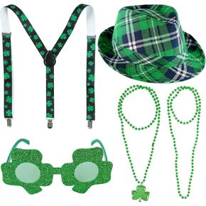 MOVINPE St Patricks Day Costume Accessories Set, Includes Irish Plaid Green Fedora, Elastic Shamrock Suspenders, Glitter Glasses, Clover Necklaces for St. Patrick's Day in Kuwait