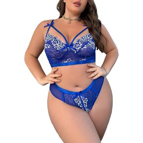 SOLY HUX Women's Plus Size Floral Lace Cut Out Bralettes and Panty 2 Piece Lingerie Set