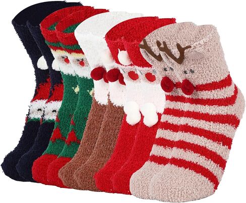 تي اس ال بي دبليو 5 ازواج من جوارب الكريسماس للنساء، جوارب شتوية منفوشة من الصوف المرجاني بنمط سانتا كلوز ايلك، جوارب شتوية زغبية دافئة للشتاء، جوارب نوم سميكة للشتاء، هدية كما هو موضح، 1 in Kuwait