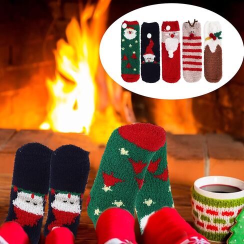 تي اس ال بي دبليو 5 ازواج من جوارب الكريسماس للنساء، جوارب شتوية منفوشة من الصوف المرجاني بنمط سانتا كلوز ايلك، جوارب شتوية زغبية دافئة للشتاء، جوارب نوم سميكة للشتاء، هدية كما هو موضح، 1 in Kuwait