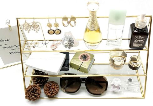 3-Tier Glass Triangular Prism Shaped Jewelry Stand, Home or Retail Display Showcase with Vintage Style Brass Tone Metal Frame (Large) in Kuwait