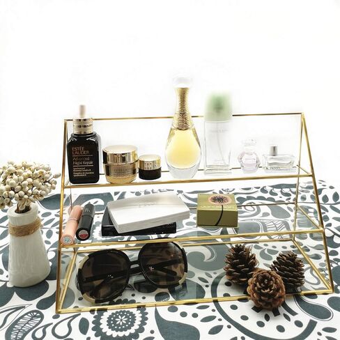 3-Tier Glass Triangular Prism Shaped Jewelry Stand, Home or Retail Display Showcase with Vintage Style Brass Tone Metal Frame (Large) in Kuwait