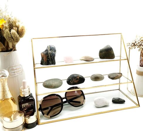 3-Tier Glass Triangular Prism Shaped Jewelry Stand, Home or Retail Display Showcase with Vintage Style Brass Tone Metal Frame (Large) in Kuwait