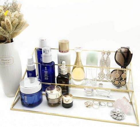 3-Tier Glass Triangular Prism Shaped Jewelry Stand, Home or Retail Display Showcase with Vintage Style Brass Tone Metal Frame (Large) in Kuwait