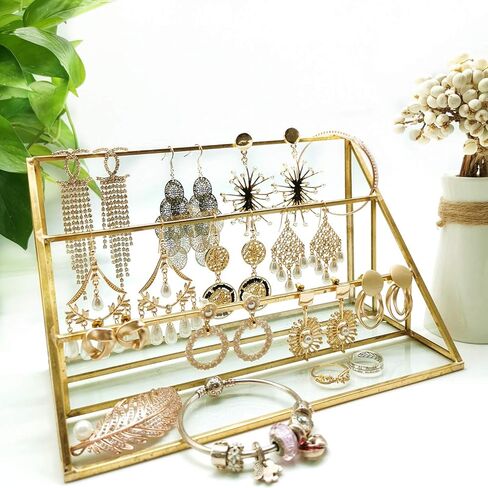 3-Tier Glass Triangular Prism Shaped Jewelry Stand, Home or Retail Display Showcase with Vintage Style Brass Tone Metal Frame (Large) in Kuwait