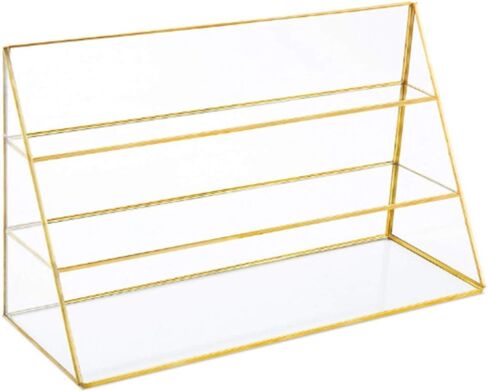 3-Tier Glass Triangular Prism Shaped Jewelry Stand, Home or Retail Display Showcase with Vintage Style Brass Tone Metal Frame (Large) in Kuwait