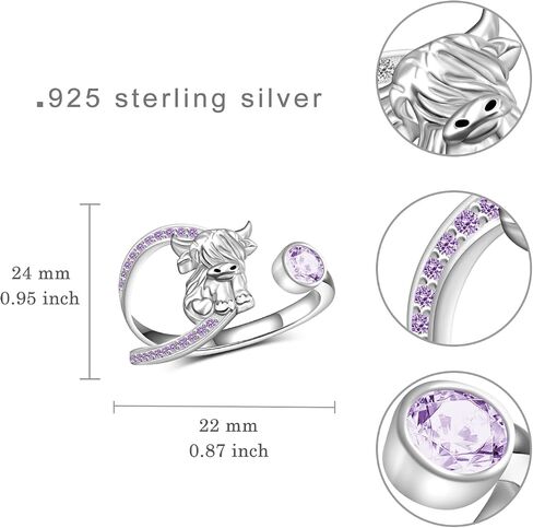 Highland Cow Ring for Women 925 Sterling Silver Adjustable Cow Rings Birthstone Jewelry Gifts for Women Girls Animal Lover in Saudi Arabia