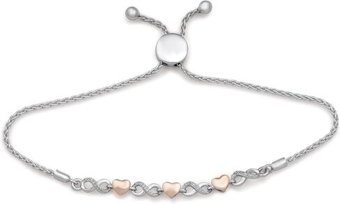 سوار Jewelili من الفضة الإسترلينية والذهب الوردي عيار 10 قيراط باللون الأبيض الطبيعي والألماس المستدير اللانهاية وشكل قلب، مقاس 9.5 بوصة in Kuwait