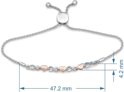 سوار Jewelili من الفضة الإسترلينية والذهب الوردي عيار 10 قيراط باللون الأبيض الطبيعي والألماس المستدير اللانهاية وشكل قلب، مقاس 9.5 بوصة in Kuwait