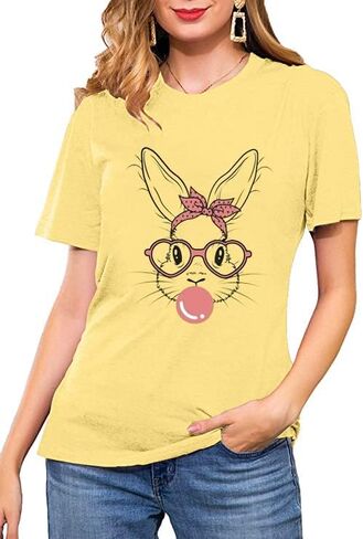 Funny Bunny Print T Shirt for Women Cute Grapic Leopard Shirts Family Blouse Gifts Easter Tops Tee in Saudi Arabia
