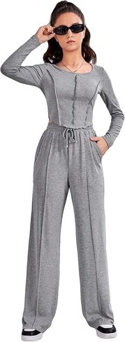 COZYEASE Girls' 2 Piece Outfits Long Sleeve Curved Hem Tee and Drawstring Waist Sweatpants Set Casual Fall Outfits in Saudi Arabia