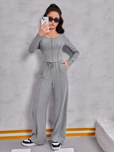 COZYEASE Girls' 2 Piece Outfits Long Sleeve Curved Hem Tee and Drawstring Waist Sweatpants Set Casual Fall Outfits in Saudi Arabia
