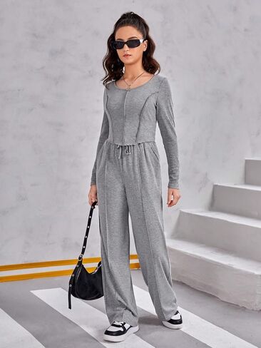 COZYEASE Girls' 2 Piece Outfits Long Sleeve Curved Hem Tee and Drawstring Waist Sweatpants Set Casual Fall Outfits in Saudi Arabia