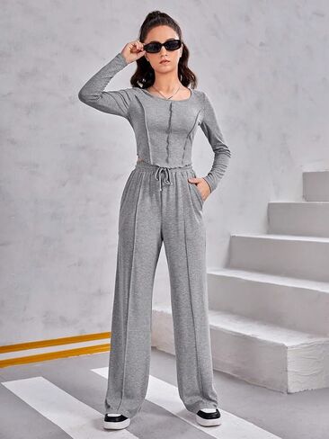 COZYEASE Girls' 2 Piece Outfits Long Sleeve Curved Hem Tee and Drawstring Waist Sweatpants Set Casual Fall Outfits in Saudi Arabia