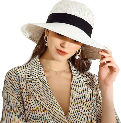 URSFUR Women Sun Wide Brim Straw Panama Hat Fedora Beach Roll up Cap UPF50+ in Saudi Arabia