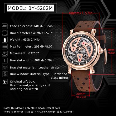 ساعة BENYAR للرجال ساعات يد ميكانيكية أوتوماتيكية بمينا هيكل عظمي وحزام جلدي من زجاج الياقوت الاصطناعي الأنيق in Kuwait