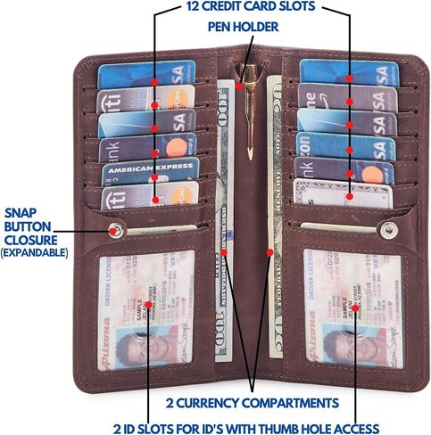 محافظ جلدية حقيقية طويلة ثنائية الطي للرجال والنساء RFID تحجب الأمان رفيعة وأنيقة لبطاقات الائتمان وحامل قلم مع نافذتين لبطاقة الهوية في صندوق هدايا عيد الحب (كريزي هورس، كونياك) in Kuwait