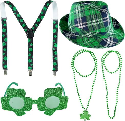 موفيبي مجموعة اكسسوارات زي عيد القديس باتريك، تتضمن فيدورا اخضر ايرلندي منقوش، حمالات شامروك مرنة، نظارات لامعة، قلادات برسيم لعيد القديس باتريك in Kuwait