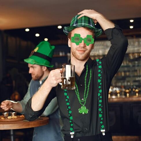 موفيبي مجموعة اكسسوارات زي عيد القديس باتريك، تتضمن فيدورا اخضر ايرلندي منقوش، حمالات شامروك مرنة، نظارات لامعة، قلادات برسيم لعيد القديس باتريك in Kuwait