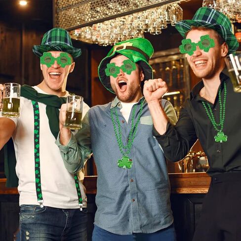 موفيبي مجموعة اكسسوارات زي عيد القديس باتريك، تتضمن فيدورا اخضر ايرلندي منقوش، حمالات شامروك مرنة، نظارات لامعة، قلادات برسيم لعيد القديس باتريك in Kuwait