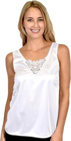 Patricia Lingerie Women's Soft Silky Satin Under Blouse Sleeveless Camisole with V-neck Floral Lace Trim and Wide Straps in Saudi Arabia
