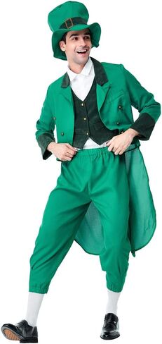 أزياء رجالية لعيد القديس باتريك في المواسم، بدلة تنكرية باللون الأخضر من Leprechaun وسترة على الطراز الفيكتوري in Kuwait