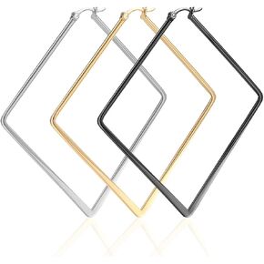 3 Pairs Big Hoop Geometric Earrings for Women, Hypoallergenic Stainless Steel Hoop Earrings Set Plated in Gold-Silver-Black-Rose Gold in Kuwait