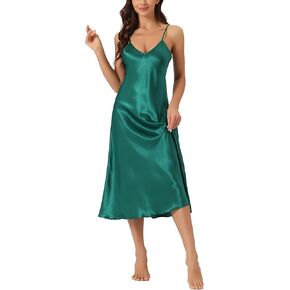 cheibear Womens Satin Pajama Dress Camisole Midi Nightdress 2023 V-Neck Lounge Long Silky Nightgowns in Kuwait