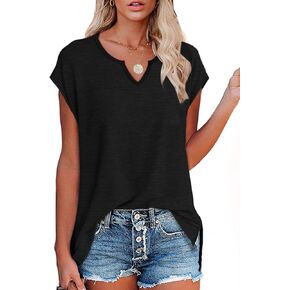 OFEEFAN Women's Cap Sleeve Shirts Casual Summer V Neck Tunic Tops Loose Tshirts Side Slit S-3XL