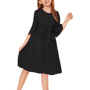 فستان GORLYA للفتيات بأكمام جرس وربطة عنق أمامية كاجوال أنيق ومضيء من الشيفون المطوي للأطفال من عمر 4 إلى 14 طن in Kuwait