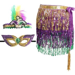 Savgkoyt Mardi Gras Sequins Tassel Skirt Costume Accessories Set with Feather Headband Sequins Mask, Mardi Gras Outfit for Women Girls, Mardi Gras Masquerade Party Photo Props in Kuwait