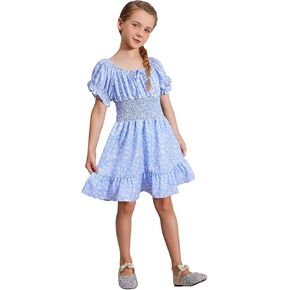 QPANCY Girls Summer Floral Dress Kids Puff Short Sleeve Swing Casual Dress
