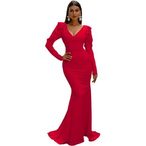 فستان Lin Lin Q نسائي رسمي طويل برقبة على شكل حرف V وأكمام طويلة للحفلات الراقصة، فساتين حفلات حورية البحر بطول الأرض in Kuwait