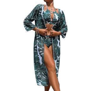 Floerns Women's 3 Piece Tropical Print High Neck Halter Bikini Swimsuit with Kimono in Saudi Arabia