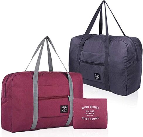 2 Pack Foldable Travel Bag Waterproof Travel Duffel Bag,Women Ladies Man Canvas Weekender Bag Overnight Carry-on Tote Duffel in Trolley Handle (Black&Rred)… in Kuwait