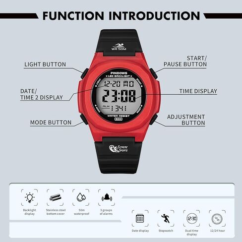 ساعات بيندوس للنساء، ساعة رياضية رقمية 50 متر مقاومة للماء بإضاءة خلفية LED وتقويم مع ساعة منبه. in Kuwait