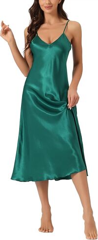 cheibear Womens Satin Pajama Dress Camisole Midi Nightdress 2023 V-Neck Lounge Long Silky Nightgowns in Kuwait