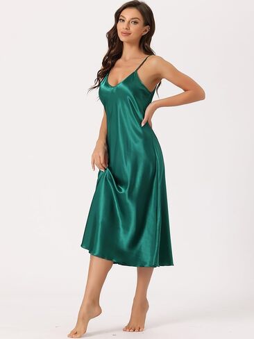 cheibear Womens Satin Pajama Dress Camisole Midi Nightdress 2023 V-Neck Lounge Long Silky Nightgowns in Kuwait