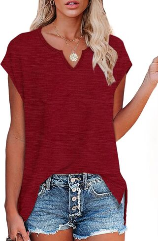 OFEEFAN Women's Cap Sleeve Shirts Casual Summer V Neck Tunic Tops Loose Tshirts Side Slit S-3XL in Kuwait